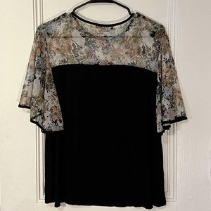 Kim & Cami Fun Blouse Size Medium, Floral Sheer Sleeves and Collar
